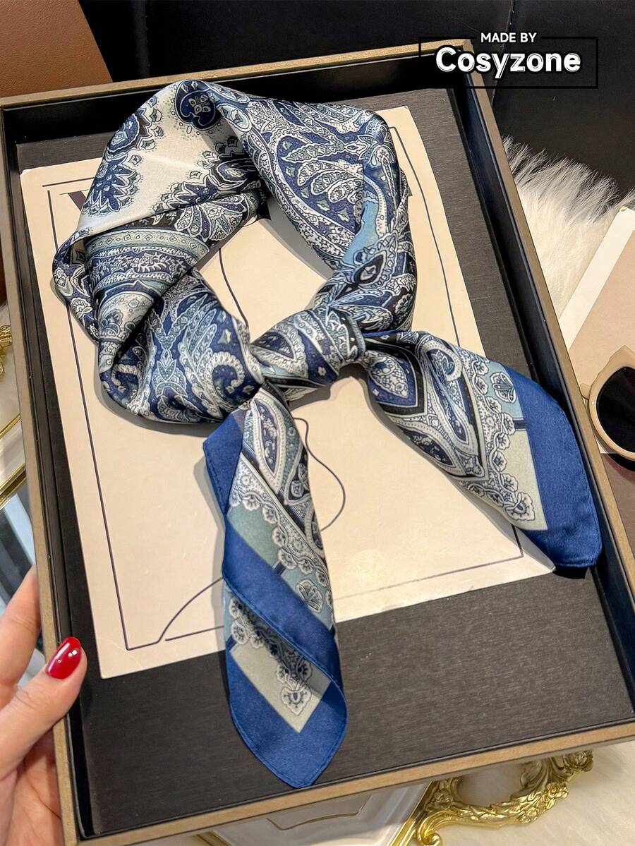 1pc Paisley Printed Faux Silk 27.5in Small Square Bandana Scarf, Multifunctional Men's Headwear Neckerchief Accessory - Blue - View 1