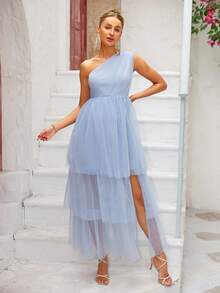 Joyfunear Maternity Solid Color Mesh Asymmetric Neckline Elegant Sleeveless Dress - Baby Blue - View 6