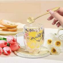 Tazza in vetro doppia parete da 300ml con fiori secchi, tazza da tè in vetro carina con manico, regalo di Natale, compleanno, inaugurazione casa, tazza autunnale creativa, decorazione per la casa