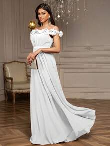 Off-Shoulder Three-Dimensional Floral Pleated Chiffon Ball Gown, Party Dress, Prom Dress - White - View 5