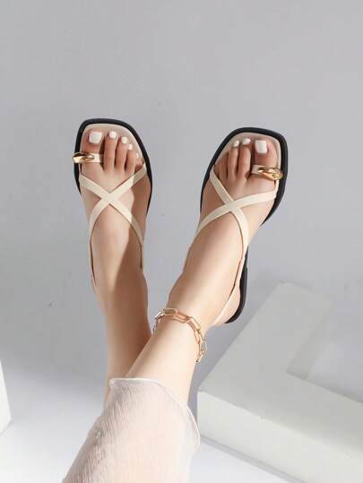 2 pares de sandalias planas con tira de tobillo y bloques de color para mujer, zapatos planos de moda casual para primavera, verano, playa, Día de la Madre, nuevo diseño con hebilla de metal