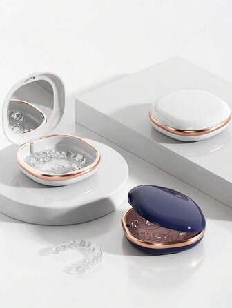 1pc Retainer Case Travel Accessories - ABS Sealable Orthodontic Storage Box With Mirror, Valentine's Edition (Battery-Free) For Invisible Aligners, Dentures, Mouth Guards And For Travel, Outdoor, Camping, Gym, Bathroom, Kitchen, Bedroom, Office, And For Women, Men, Adults, Portable Accessories Storage