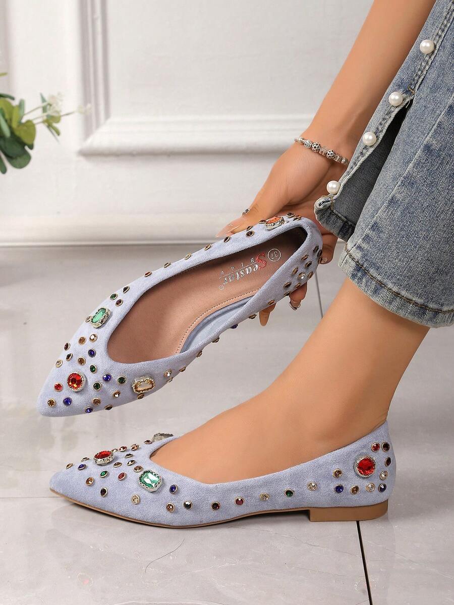 Women's Punk Fashion Rhinestone Flat Pointed Toe Shoes, Office Party - Blue - View 1
