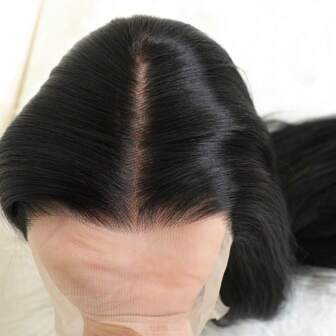 24" Black Straight Hair Lace Front Wigs Synthetic Hair, Long Straight Hair Synthetic Wigs Synthetic Fiber Straight Wigs For Daily Wear, Pre Plucked Hair Line 13*4 Lace Front Wig, With Adjustable Straps