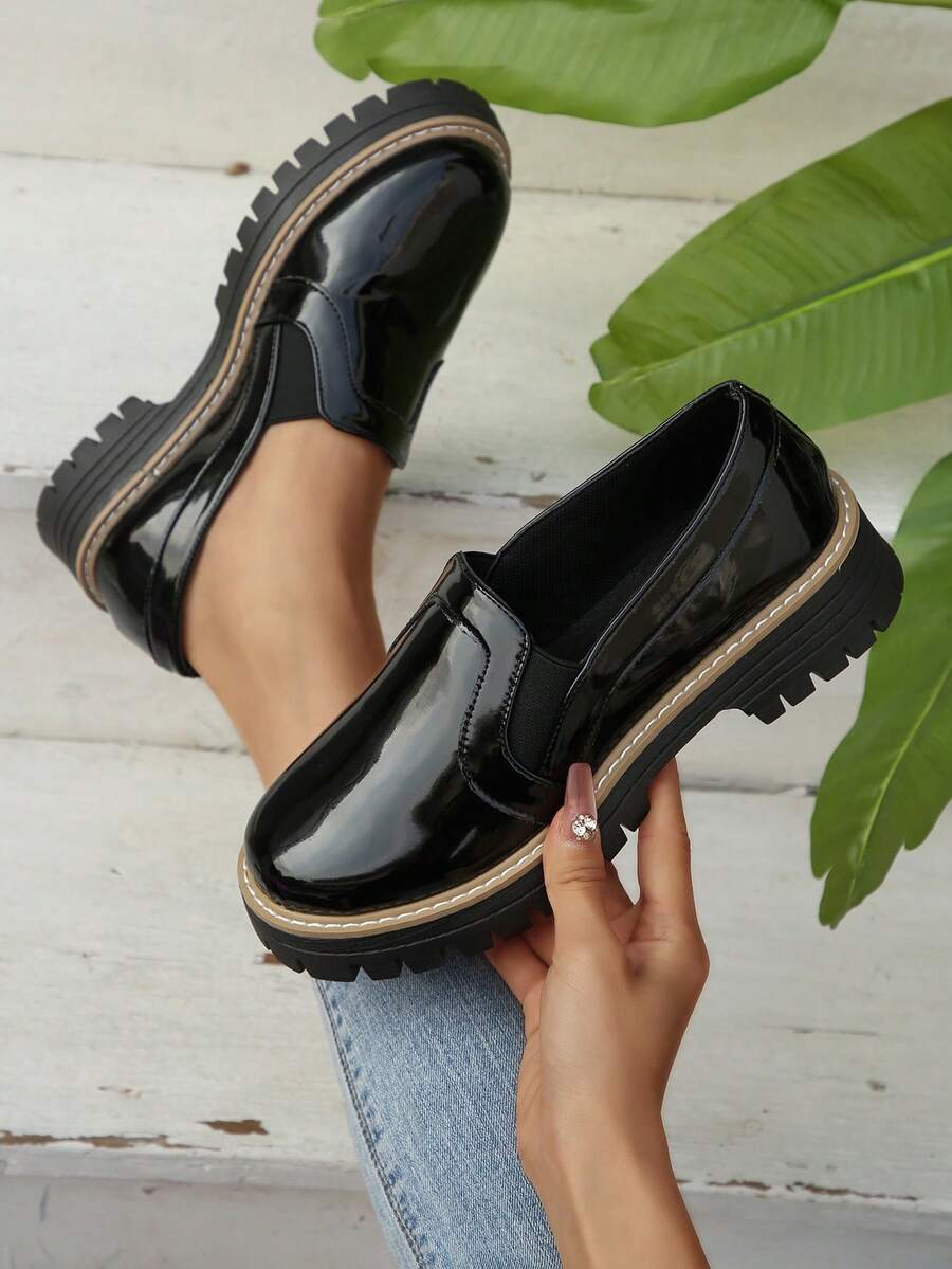 Women's Thick Sole Platform Loafers, Comfortable Shoes, Black Color, Thick Sole Shoes, Platform Heels, Slip-On Shoes - Black - View 1