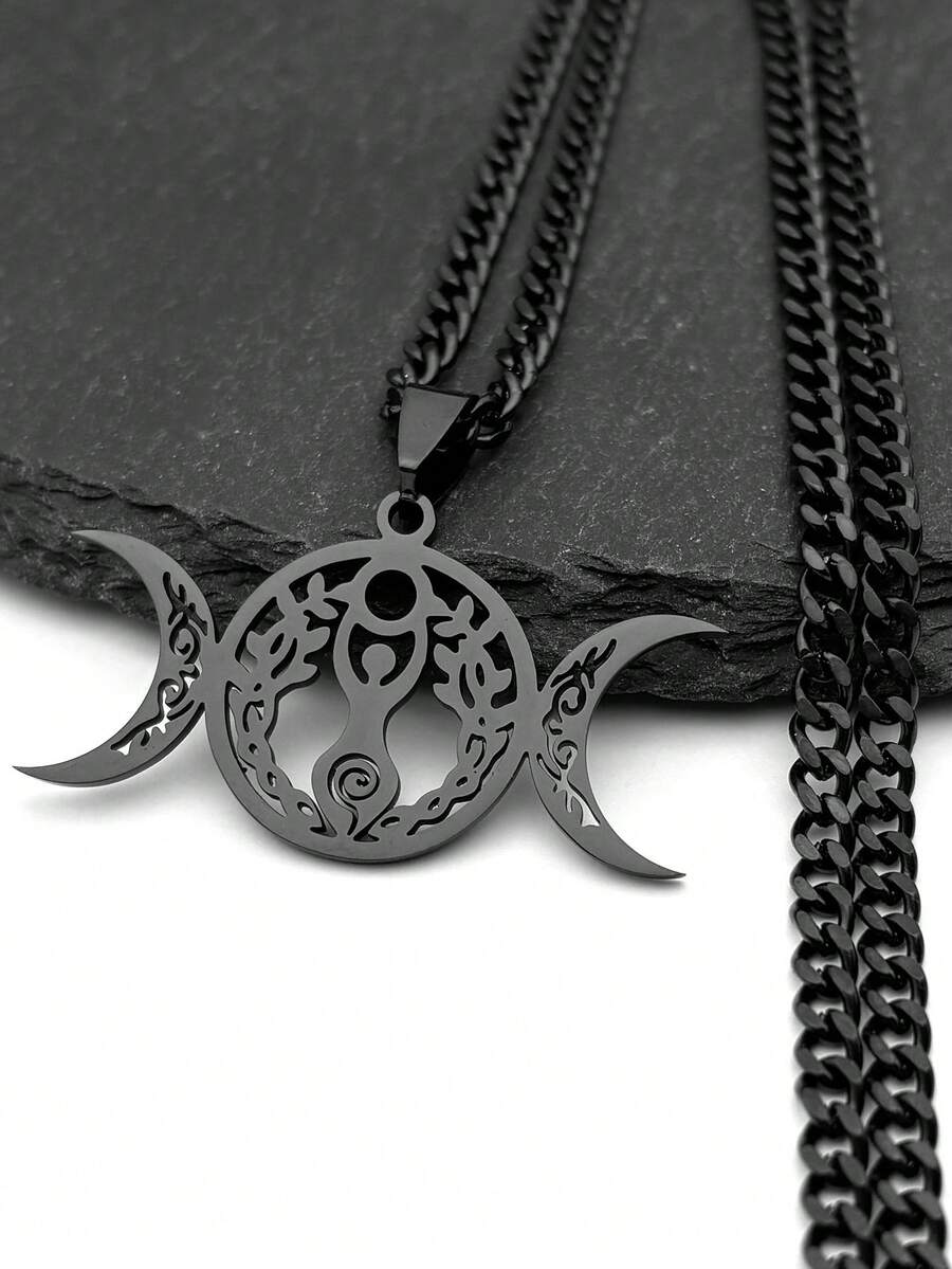 Unisex Stainless Steel Silver Hollow Triple Goddess Pendant Necklace, Witchy March Jewelry - Necklace - View 1