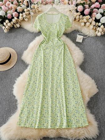 Women's Spring And Summer Dress Fashion Print U-Neck Tie Waist Short Sleeve Dress