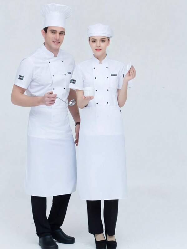 Nuevo uniforme de trabajo de manga corta personalizado para hombres y mujeres, de alta gama para hotel, restaurante occidental, panadería, cafetería, florería, restaurante de parrilla, restaurante de comida rápida. Diseño clásico en blanco, elegante, cómodo, con bolsillos prácticos, de material transpirable y duradero.