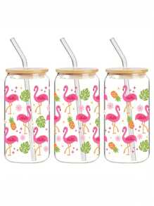 4pcs/Set UV DTF Transfer Stickers, Flamingo & Pineapple Pattern Design Decals, DIY Waterproof Transfer Stickers For Cups, Mugs, Glass, High Quality, Waterproof & Scratch-Resistant