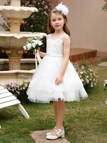 Young Girl's Summer Mesh Contrast Lace Puff Evening Dress - White - View 5