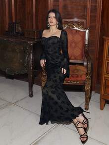 PARTHEA 露背系带美人鱼下摆喇叭袖蕾丝紧身褶皱长裙 - 黑色 - 查看 3