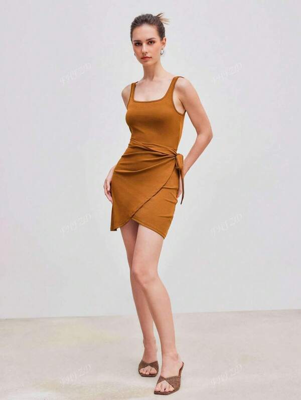 Women's Solid Color Ribbed Side Tie Square Neck Sleeveless Dress