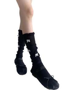 1 par de calcetines/medias altos de punto y encaje con diseño de lazo, cordones cruzados y costillas, ideal para primavera/otoño