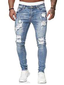 SANOPY Plus Size Men's Blue Slim Fit Jeans Stretch Destroyed Ripped Skinny Jeans Side Striped Denim Pants
