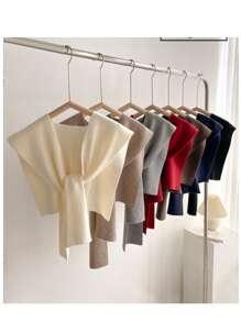 1 pièce Cardigan col châle en mélange de laine de haute qualité, minimaliste, avec patchwork de couleur unie et rayures, pour femmes. Poncho sans manches polyvalent. Châle tricoté de couleur unie pour l'automne 2025. Nouveau châle tricoté fin à rayures pour assortir avec un pull, une chemise, une écharpe [légère différence de couleur par rapport au produit réel]