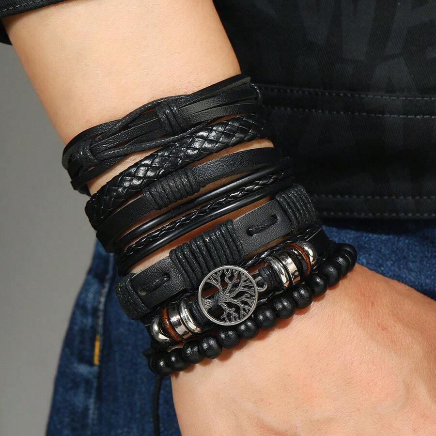 6pcs Retro PU Tree Of Life Beaded Woven Bracelets Set, Suitable For Men's Daily Wear