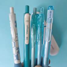 5 Pcs Ballpoint Pens + 1 Pc Highlighter Pen - Blue, Fresh Summer Series, Quick Drying, Long-Lasting, School Supplies, Back To School