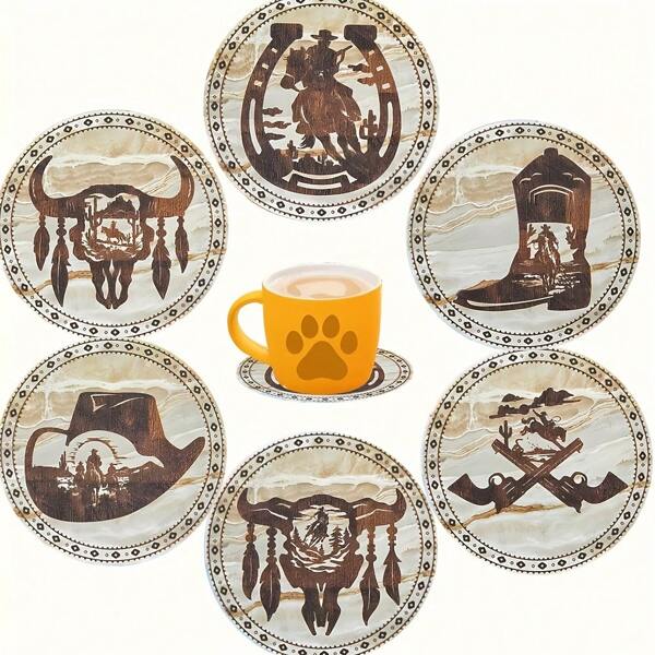 6er Set ländlicher Cowboy Muster Holz Untersetzer, 2D Muster, hitzebeständige Matte für Zuhause, Café, Nachmittagstee & Geschenke, Vatertag, Geburtstag, Einweihungsgeschenke