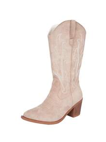 Novas Botas de Cowgirl Ocidental para Mulheres, Bico Fino, Bordado, Salto Grosso, Botas de Cano Médio da Moda