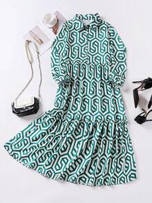 Autumn Women's Clothing, Women's Autumn Dresses, Long Sleeve Lapel Geometric Pattern Shirt-Style Open Collar Dress, Suitable For Commuting, Daily Wear, Outdoor, Women's Teacher Dress, Back To School, Soft Woven Fabric - Green - View 9