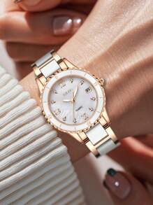 BIDEN 1 peça pequeno relógio redondo retrô luxuoso feminino, elegante relógio de quartzo com pulseira, design clássico relógio feminino com data