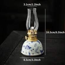 1pc Ceramic Blue And White Porcelain Floral Oil Lamp With Lamp Shade, Adjustable Wick, Suitable For Camping, Home Use, Festivals Like Christmas, Easter, Ramadan, Valentine's Day, Gift