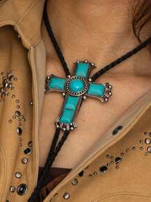 1pc Boho Style Turquoise Cross Bolo Tie Necklace, Long Y-Shaped Chain