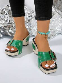 Sandalias de plataforma con remaches, sandalias de moda de verano, cómodas y versátiles con tacón alto para mujer, talla grande 42 - Verde militar - Ver 3