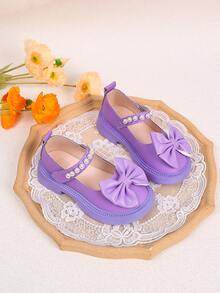 新款秋季儿童女童皮鞋，蝴蝶结公主休闲乐福鞋 - 紫色 - 查看 2