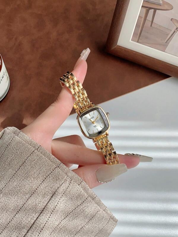 1 pieza Reloj de cuarzo para mujeres con correa dorada de estilo sencillo y con escala de barra, adecuado para uso diario, regalo de cumpleaños, aniversario u Halloween