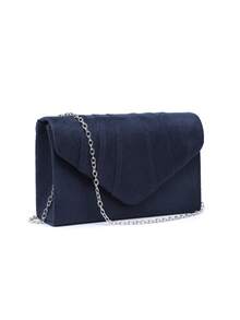 优雅女士婚礼手拿包，奢华褶饰方形手提包适合晚会 - 性感纯色涤纶信封手拿包，配有链条肩带、纽扣开合、涤纶衬里 - 适合派对、酒吧、夜总会、婚礼、舞会、宴会 - 藏蓝色 - 查看 2