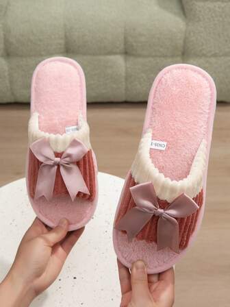 蝴蝶结装饰拖鞋，休闲露趾毛绒鞋，舒适女士室内家居拖鞋