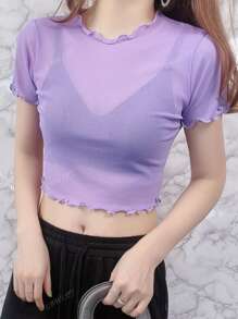 1 peça camisola de malha transparente com acabamento em babados de cor sólida para mulheres, regata leve com sobreposição de renda, verão