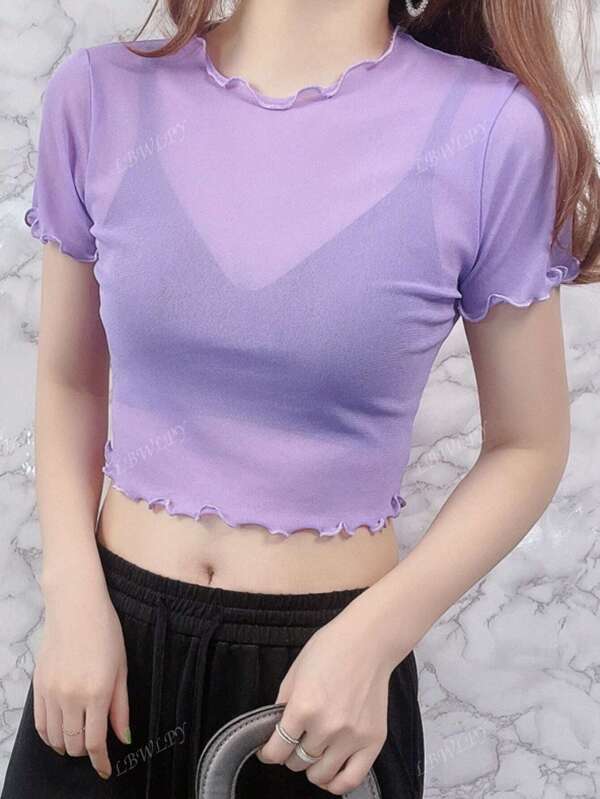 1 Stück einfarbiges, durchsichtiges Netz-Camisole mit Rüschenbesatz für Damen, leichtes Tank Top-Unterhemd mit Spitzenüberzug, Sommer