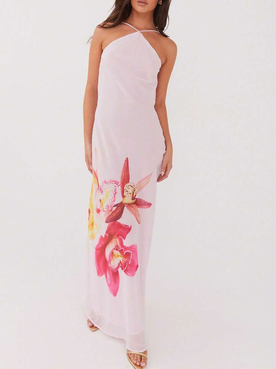 Women's Summer Dresses Halter Neck Sleeveless Backless Flowy A Line Boho Maxi Dress - Pink - View 1
