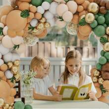 142pcs Forest Animals Jungle Woodland Balloon Garland Arch Kit, Pampas Grass Green & Brown Beige Balloons With Palm Leaves, Suitable For Boho Tropical Birthday Party, Baby Shower Decor