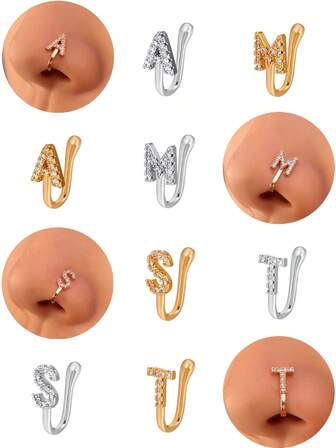 1 件英文字母鼻夹 A-Z，免穿孔铜水钻鼻夹，时尚免穿孔女士鼻饰，夏季海滩清凉，适合情侣、日常、节日、派对佩戴，生日、周年纪念礼物