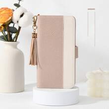 Fashionable Tassel Patchwork Phone Case, Notebook-Style Smart Phone Case, Card Storage Design, Perfect For Women & Men, Multi-Function Phone Case With Stylish Appearance, Wallet-Style Shock Absorbing Function, Memo Pad Phone Case, Wallet-Style, Elegant Gift, Anti-Fall, Card Storage Stand Function, Minimalist & Fashionable, Full-Protection Stand, PU Leather Smart Phone Case, Birthday Gift, New Year Gift, Mother's Day Gift