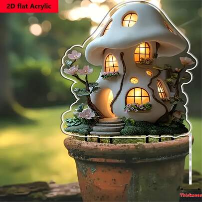 Decoración enchufable de suelo de cabaña de jardín de cuento de hadas 2D, decoración de llenado de maceta, decoración multiusos para exteriores, apta para plantas en maceta, césped y terrazas