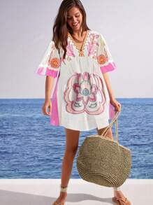 Vestito casual con stampa floreale boho, abbigliamento occidentale da donna, abito da festival musicale bohémien per vacanze estive e spiaggia, dolce abito stile babydoll; Abito aderente a maniche a pipistrello, scollo a V profondo, con stampa, per festa e club, abbigliamento da concerto