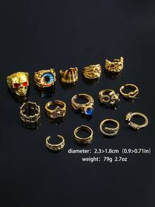 14pcs/Set Fashionable Gothic Style Personalized Geometry Skull With Inlaid Rhinestone And Cat's Eye Stone Men's Ring Set - Gold - View 3