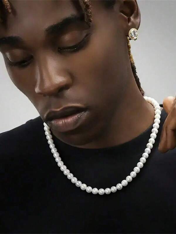 1pc Pearl White Necklace, Hip-Hop Fashion Design, Retro Luxury Stacking, Christmas, New Year, Valentine's Day Holiday Gift, Solid Color Street Style ABS Plastic