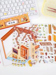 3pcs/Pack Market Food Theme Scene Stickers, 3D Three-Dimensional Two-Layer Scene Stickers, Restaurants, Inns, Academies, Bun Shops And Animal Elements DIY Creative Waterproof PET Scene Stickers , Back To School Gifts - Multicolor - View 11