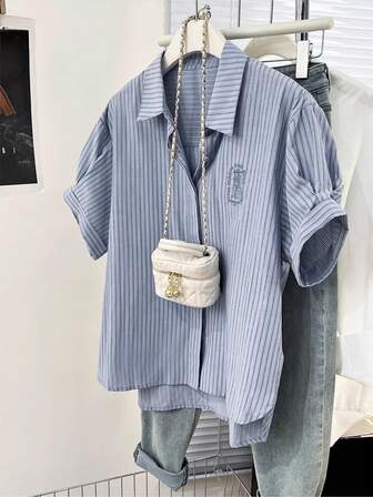 Striped Embroidery Front Button Casual Short Sleeve Shirt