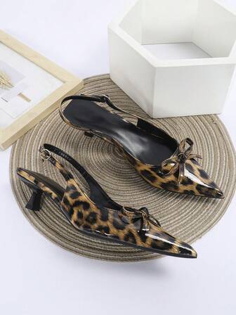 Women's Sexy Leopard Print High Heel Pumps, Kitten Heel Party Dress Shoes, 4cm Formal Patent Leather Slip-On Bowknot High Heels