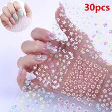 30PCS/10pcs Random Press Nail With Adhesive Back Self-Adhesive 3D Floral Nail Polish Decal - Self-Adhesive, Coloured DIY Nail Polish Decal With Glitter Effect Nail Art For Women And Girls, Nail Nail Art Supplies, Nail Nail Decoration | Floral Nail Design | Self-Adhesive Paper, Nail Nail Decal