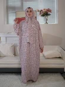 女士长袍配围巾，小碎花提花面料，拉链阿拉伯祈祷长袍，舒适透气，四季皆宜 - 彩色 - 查看 6