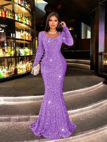 Đầm dạ hội dài tay màu cam đính sequin mùa thu mới của CHOSMO, đầm dạ hội thanh lịch ôm dáng eo cao, đầm dài nữ, đầm dự tiệc cocktail, đám cưới, tiệc tùng mùa xuân. - Màu tím - Xem 6