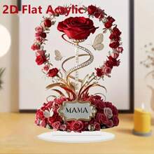1pc 2D Red Rose & Butterfly "MAMA" Acrylic Desk Decor, Desktop Home Decoration, Suitable For Mother's Day, Mom's Birthday Gift