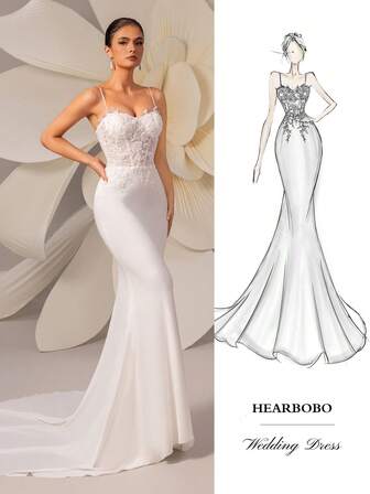 HEARBOBO Elegant Nyårs Spaghettiband Pärlstav Paljett Vit Spets Aftonklänning Dam Bröllopsklänning